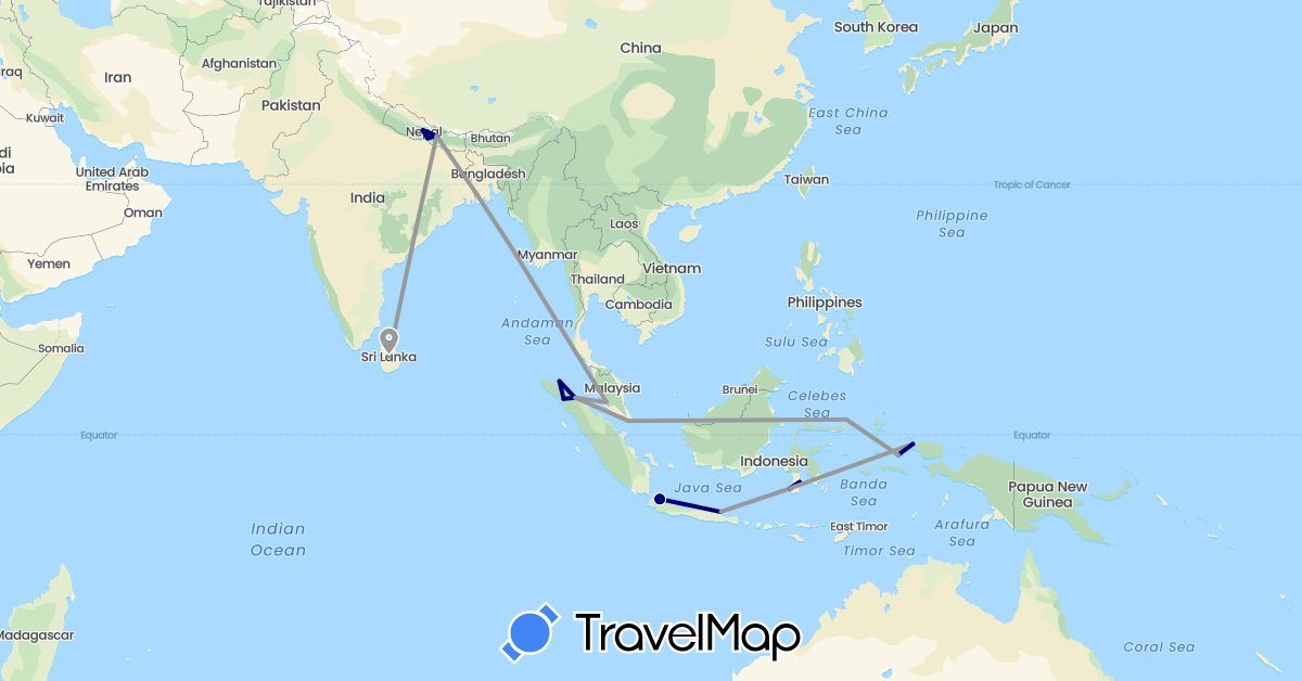 TravelMap itinerary: driving, plane in Indonesia, Sri Lanka, Malaysia, Nepal, Singapore (Asia)